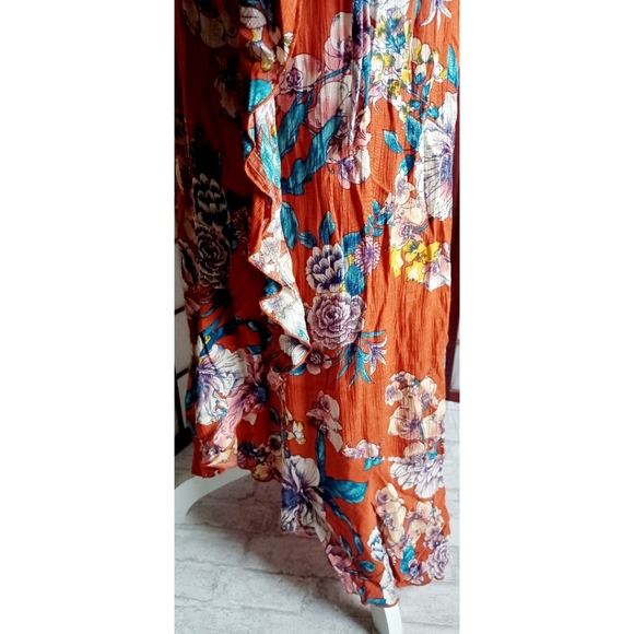 Band of Gypsies Ruffle V-Neck Faux Wrap Maxi Dress - Burnt Orange/Blue-Multi - Picture 8 of 16